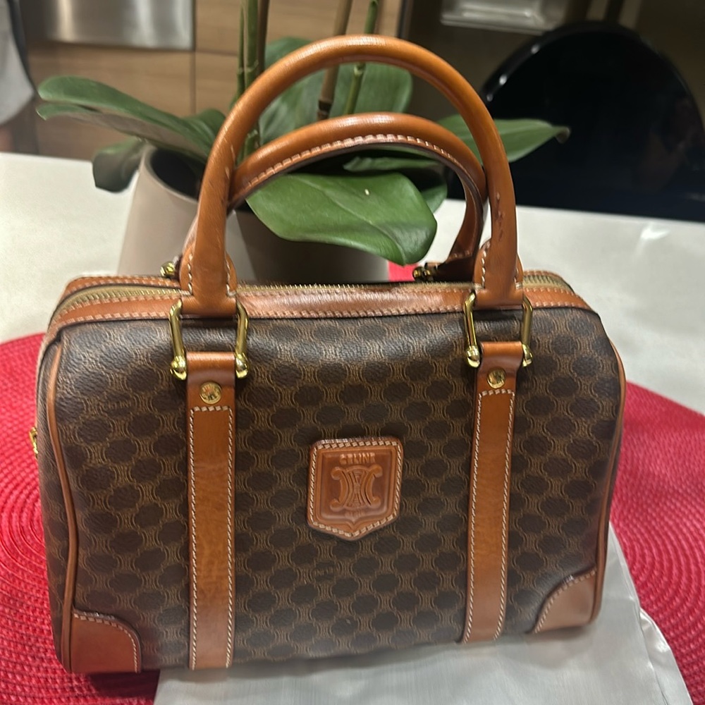 Celine Macadam Pattern Mini Boston Bag Handbag PVC x Leather Dark Brown